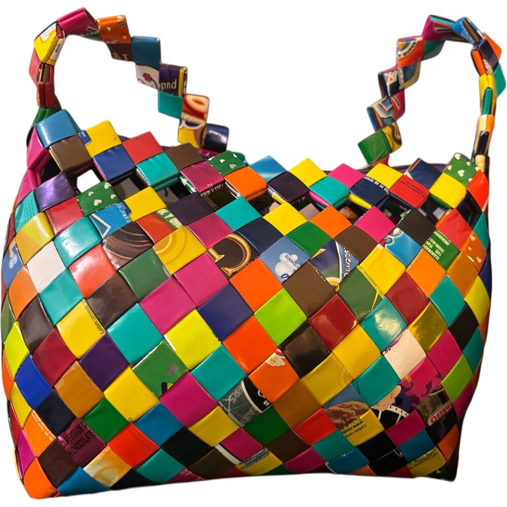 Handmade Recycled Candy Wrapper Woven Tote Bag, Multicolor, Eco-Friendly
